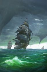 Rule 34 | cloud, cloudy sky, commentary, cyclecircle, dappled sunlight, english commentary, highres, horizon, jolly roger, no humans, ocean, original, outdoors, pirate, pirate ship, scenery, skull, skull and crossbones, skull and crossed swords, sky, storm, sunlight, water, watercraft