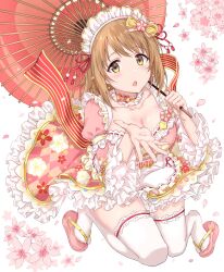 Rule 34 | 1girl, absurdres, blush, bow, breasts, brown eyes, brown hair, cherry blossoms, choker, cleavage, collarbone, dot nose, dress, dress bow, earrings, falling petals, floral background, floral print, frilled choker, frilled dress, frills, hair ornament, headdress, highres, holding, holding umbrella, idolmaster, idolmaster cinderella girls, idolmaster cinderella girls starlight stage, jewelry, large breasts, looking at viewer, mimura kanako, oil-paper umbrella, open mouth, petals, plump, ribbon, sandals, short hair, short sleeves, sirurabbit, smile, solo, thighhighs, umbrella, white background, white thighhighs, yellow ribbon, zettai ryouiki, zouri