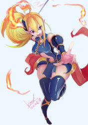 Rule 34 | 1girl, artist name, black dress, black footwear, black sleeves, black thighhighs, blonde hair, boots, breasts, detached sleeves, dress, duel monster, fire, green hair, holding, holding wand, holding weapon, k.nock, long hair, looking at viewer, medium breasts, multicolored hair, open mouth, pointing, pointy ears, ponytail, purple eyes, sevens road witch, side ponytail, sleeveless, sleeveless dress, streaked hair, thigh boots, thighhighs, wand, weapon, yu-gi-oh!, yu-gi-oh! sevens, zettai ryouiki