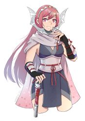 Rule 34 | 1girl, absurdres, black gloves, black kimono, breasts, cherche (fire emblem), cleavage, commentary, cropped legs, elbow gloves, english commentary, fingerless gloves, fire emblem, fire emblem heroes, gloves, grey scarf, hand up, highres, japanese clothes, kaphrin, kimono, long hair, looking at viewer, medium breasts, nintendo, obi, red eyes, red hair, sash, scarf, signature, simple background, sleeveless, sleeveless kimono, smile, solo, very long hair, white background