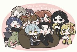 Rule 34 | 5boys, 6+girls, angela (project moon), beer can, binah (project moon), black coat, black eyes, black hair, black suit, blonde hair, blue coat, blue hair, book, bow, brown hair, can, chesed (project moon), chibi, closed eyes, coat, couch, cup, drink can, drinking, formal, gebura (project moon), green eyes, green hair, hair bow, hair ornament, hairband, hairclip, highres, hod (project moon), hokma (project moon), holding, holding book, holding cup, kojocho05, library of ruina, malkuth (project moon), monocle, multiple boys, multiple girls, netzach (project moon), open mouth, pink background, project moon, purple hair, red hair, red hairband, roland (project moon), suit, tiphereth a (project moon), white hair, yellow coat, yellow eyes, yesod (project moon)