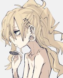 Rule 34 | 1girl, bags under eyes, ear piercing, female focus, flat chest, from side, frown, hair ornament, hair over one eye, hairclip, highres, long bangs, messy hair, nipples, original, piercing, plug (piercing), ponytail, profile, simple background, skinny, slouching, solo, yodosumiori