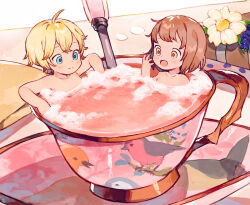 Rule 34 | 1boy, 1girl, ahoge, animal print, bathing, bird print, blonde hair, blue eyes, child, closed mouth, commentary, commission, cup, english commentary, flower, looking at another, nemui (nemuriyagi), open mouth, original, plate, second-party source, teacup, topless, topless male, yellow eyes