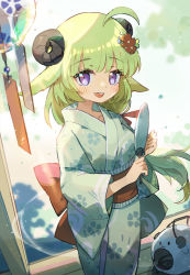 Rule 34 | 1girl, :d, ahoge, blonde hair, blush, commentary request, curled horns, floral print, flower, hair flower, hair ornament, hand fan, holding, holding fan, hololive, horns, japanese clothes, kayari buta, kimono, long sleeves, looking at viewer, obi, open mouth, paper fan, print kimono, purple eyes, red flower, sash, shadowsinking, sheep horns, smile, solo, standing, teeth, tsunomaki watame, uchiwa, upper teeth only, virtual youtuber, wide sleeves, wind chime, yukata