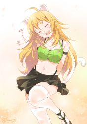 Rule 34 | 1girl, ahoge, animal ears, arms behind back, artist name, blonde hair, blush, cat ears, cat tail, character name, dated, closed eyes, highres, hoshii miki, idolmaster, idolmaster (classic), inoue sora, long hair, midriff, smile, solo, tail, thighhighs