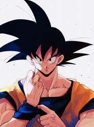 Rule 34 | 1boy, adjusting clothes, backlighting, black eyes, black hair, blue wristband, clenched hand, closed mouth, dougi, dragon ball, dragonball z, grey background, hair strand, hands up, highres, kz (dbz kz), light particles, looking at viewer, male focus, muscular, muscular male, pectorals, simple background, smile, solo, son goku, spiked hair, upper body, wristband