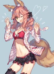 Rule 34 | 10s, 1girl, ;d, animal ears, bad id, bad pixiv id, black thighhighs, blue background, bow, bow bra, bra, breasts, chocoan, claw pose, cleavage, cowboy shot, fate/extra, fate (series), fox ears, fox tail, heart, jacket, jewelry, low twintails, navel, necklace, official alternate costume, one eye closed, open clothes, open jacket, open mouth, pink hair, red bra, scrunchie, short shorts, shorts, smile, solo, striped clothes, striped jacket, tail, tamamo (fate), tamamo no mae (fate/extra), tamamo no mae (spring casual) (fate), thighhighs, twintails, underwear, yellow eyes, zettai ryouiki