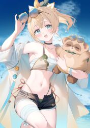 1girl :d armpits bandaged_leg bandages bangle bare_legs bell black_choker black_hairband black_shorts blonde_hair blue_eyes blue_sky bracelet breasts choker cloud collarbone commentary crossed_bangs drawstring eyewear_lift hair_between_eyes hairband highleg highres hololive jewelry jingle_bell kazama_iroha light_blush looking_at_viewer midriff navel open_clothes open_mouth open_shorts pokobee ponytail round_eyewear ryuya sarashi short_hair short_shorts shorts sky small_breasts smile solo sunglasses virtual_youtuber