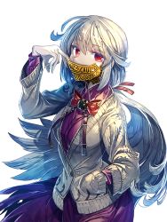 Rule 34 | 1girl, alternate costume, ball gag, bow, bowtie, cardigan, caution tape, covered mouth, covering own mouth, dress, gag, gagged, hand in pocket, kishin sagume, long sleeves, looking at viewer, red eyes, short hair, silver hair, simple background, single wing, solo, touhou, vest, white background, wings, zounose