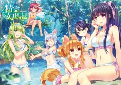 Rule 34 | 6+girls, ;d, ahoge, alma (seirei gensouki), animal ears, arched back, ayase miharu, bare legs, barefoot, bikini, blue bikini, blue eyes, bow, breasts, cleavage, day, elf, facial mark, fang, feet, fox ears, frilled bikini, frills, green hair, hair bobbles, hair bow, hair ornament, hair over breasts, hairband, halterneck, highres, latifa, low twintails, medium breasts, multiple girls, navel, one eye closed, open mouth, orange eyes, orange hair, orphia, outdoors, pink bikini, pointy ears, ponytail, purple eyes, purple hair, red eyes, riv (rivleaf), sara (seirei gensouki), seirei gensouki, sendou aki, shading eyes, short hair, sidelocks, silver hair, sitting, small breasts, smile, swimsuit, tail, twintails, wading, white bikini