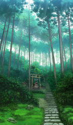 Rule 34 | forest, grass, green theme, highres, nature, no humans, original, rope, sakais3211, scenery, shide, shimenawa, shrine, stairs, torii, tree