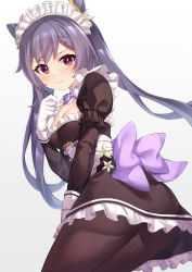 Rule 34 | 1girl, absurdres, alternate costume, artist request, ass, black pantyhose, blush, breasts, dress, embarrassed, from behind, genshin impact, gloves, hair between eyes, hair ornament, hairpin, headdress, highres, keqing (genshin impact), long hair, looking at viewer, maid, maid headdress, pantyhose, purple eyes, purple hair, shiny clothes, shiny skin, simple background, solo, twintails, very long hair, white background