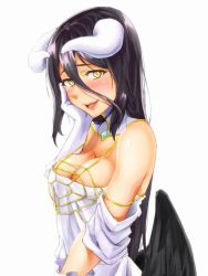 Rule 34 | 1girl, albedo (overlord), bare shoulders, black hair, black wings, blush, breasts, cleavage, demon girl, demon horns, detached collar, dress, gloves, hair between eyes, hand on own cheek, hand on own face, horns, large breasts, long hair, looking at viewer, magekichi, overlord (maruyama), smile, solo, strap gap, very long hair, white background, white gloves, wings, yellow eyes