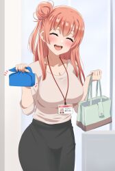 Rule 34 | 1girl, aged up, bag, black skirt, breasts, brown eyes, cleavage, collarbone, commentary request, cowboy shot, dars (recolors), grey shirt, hair bun, highres, holding, holding bag, id card, lanyard, large breasts, long hair, open mouth, pencil skirt, pink hair, shirt, single side bun, skirt, smile, solo, standing, teeth, upper teeth only, wrapped bento, yahari ore no seishun lovecome wa machigatteiru., yuigahama yui