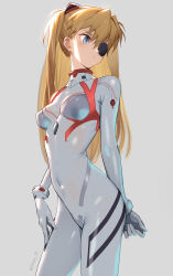 Rule 34 | 1girl, blue eyes, bodysuit, breasts, commentary, cowboy shot, evangelion: 3.0+1.0 thrice upon a time, eyepatch, grey background, grey bodysuit, hair ornament, highres, interface headset, long hair, navel, neon genesis evangelion, orange hair, pilot suit, plugsuit, rebuild of evangelion, siino, simple background, skin tight, skinny, small breasts, solo, souryuu asuka langley, twitter username, two side up, white bodysuit