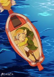 Rule 34 | 1boy, blonde hair, boat, boots, hat, highres, leggings, link, lying, nintendo, on side, parted bangs, pointy ears, sleeping, the king of red lions, the legend of zelda, the legend of zelda: the wind waker, thick eyebrows, tokuura, tunic, twitter username, water, watercraft, white legwear
