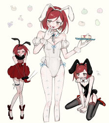 Rule 34 | 1girl, animal ears, bare shoulders, black leotard, black scrunchie, black thighhighs, breasts, cake, danganronpa (series), danganronpa v3: killing harmony, detached sleeves, dress, elbow gloves, fake animal ears, fishnet pantyhose, fishnets, food, fur collar, garter straps, gloves, grey leotard, highres, holding, holding hands, holding tray, leotard, morning (d0nteat), multiple views, pantyhose, playboy bunny, puffy short sleeves, puffy sleeves, rabbit ears, red dress, red gloves, red hair, scrunchie, short sleeves, small breasts, thighhighs, tray, white gloves, white leotard, wrist scrunchie, yumeno himiko