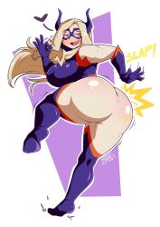 Rule 34 | 10s, 1girl, 2018, arm up, artist name, ass, ass spanking, bent over, blonde hair, blush, bodysuit, boku no hero academia, breasts, curvy, domino mask, from behind, gloves, half-closed eyes, heart, highres, hip focus, horns, huge ass, large breasts, legs, long hair, looking back, mask, mount lady, naughty face, open mouth, outline, purple eyes, ryou sakai, skin tight, slapping, smile, solo, spanking, spanking self, standing, teeth, thick thighs, thighs, tongue, wide hips