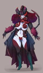 Rule 34 | 1girl, breasts, bug, claws, colored skin, concept art, curvy, flower, large breasts, monster girl, navel, nemu (nora), pale skin, plant, plant girl, purple skin, rose, smile, solo, spider, thighhighs, vines