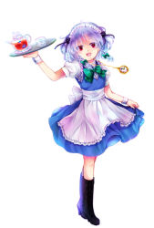 Rule 34 | 1girl, ahoge, apron, black footwear, black ribbon, blue hair, blue skirt, blue vest, boots, bow, bowtie, braid, cross-laced footwear, cup, frilled apron, frilled vest, frills, full body, green bow, green bowtie, hair ribbon, highres, izayoi sakuya, jewelry, looking at viewer, maid, maid headdress, necklace, puffy short sleeves, puffy sleeves, red eyes, ribbon, short sleeves, simple background, skirt, skirt hold, solo, teacup, teapot, touhou, tray, tress ribbon, twin braids, vest, waist apron, watch, white apron, white background, wrist cuffs, yurara (aroma42enola)