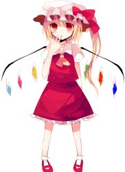 Rule 34 | 1girl, arm up, ascot, closed mouth, flandre scarlet, frilled skirt, frills, full body, looking at viewer, mary janes, mii0617, multicolored wings, one side up, puffy short sleeves, puffy sleeves, red eyes, red footwear, red skirt, red vest, shirt, shoes, short sleeves, skirt, socks, solo, touhou, vest, white background, white headwear, white shirt, white socks, wings, yellow ascot