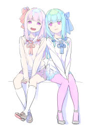 Rule 34 | 2girls, :d, absurdres, between legs, blue bow, blue hair, blue skirt, blunt bangs, bow, character request, commentary request, enkyo yuuichirou, hair bow, hand between legs, highres, kotonoha akane, loafers, multiple girls, open mouth, pink hair, pink shirt, pink skirt, pleated skirt, purple eyes, red bow, sailor collar, school uniform, serafuku, shirt, shoes, siblings, simple background, sisters, sitting, skirt, smile, socks, tassel, voiceroid, white background, white legwear, white sailor collar, white shirt