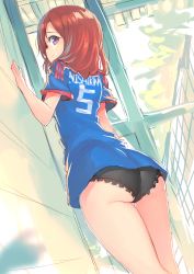 Rule 34 | 10s, 1girl, 2014 fifa world cup, absurdres, ass, black panties, blush, frilled panties, frills, from behind, highres, japan, kame^^, looking at viewer, looking back, love live!, love live! school idol project, nishikino maki, no pants, panties, purple eyes, red hair, short sleeves, soccer, soccer uniform, sportswear, thigh gap, underwear, world cup
