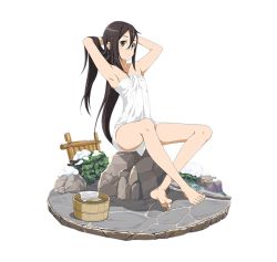 Rule 34 | 1boy, androgynous, armpits, arms behind head, artist request, barefoot, black eyes, black hair, bucket, collarbone, crossed ankles, expressionless, faux figurine, feet, full body, hair between eyes, hands in hair, kirito, kirito (sao-ggo), long hair, looking at viewer, male focus, naked towel, official art, rock, sitting, sitting on rock, snow, solo, sword art online, towel, transparent background, trap, very long hair, water, wet, white background