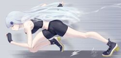 Rule 34 | 1girl, bare arms, bare legs, bare shoulders, bike shorts, black footwear, black gloves, black sports bra, blunt bangs, bouncing breasts, breasts, commentary, facial mark, fingerless gloves, from side, girls&#039; frontline, gloves, green eyes, grey hair, highres, hk416 (girls&#039; frontline), large breasts, long hair, parted lips, profile, running, shoes, sideboob, signature, solo, speed lines, sports bra, very long hair, weisskaeppchen