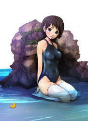 Rule 34 | 1girl, bad id, bad pixiv id, bare shoulders, blue eyes, brown hair, competition swimsuit, hair ornament, hairclip, highres, impossible clothes, impossible swimsuit, kneeling, mole, mole under mouth, navel, one-piece swimsuit, original, rubber duck, seiza, shigureteki, short hair, sitting, solo, swimsuit, thighhighs, white thighhighs