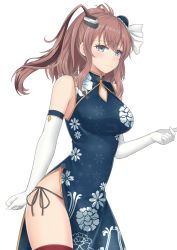 Rule 34 | 1girl, alternate costume, bad id, bad pixiv id, blue dress, blue eyes, blush, breasts, brown hair, bun cover, china dress, chinese clothes, dress, elbow gloves, floral print, gloves, hair between eyes, highres, kantai collection, large breasts, looking at viewer, panties, pelvic curtain, ponytail, red thighhighs, saratoga (kancolle), side-tie peek, side ponytail, side slit, simple background, sleeveless, sleeveless dress, solo, standing, string panties, thighhighs, underwear, white background, white gloves, yamato (083)