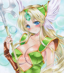 Rule 34 | 1girl, artist name, at classics, blonde hair, blue eyes, blush, breasts, bridal gauntlets, cleavage, closed mouth, covered erect nipples, forehead jewel, holding, holding weapon, large breasts, long hair, looking at viewer, riesz, sample watermark, seiken densetsu, seiken densetsu 3, sidelocks, smile, solo, traditional media, upper body, watermark, weapon