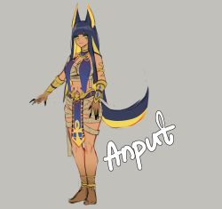 Rule 34 | 1girl, animal ears, anput (nsfwolf), bandages, black hair, blonde hair, blunt bangs, blunt ends, breasts, character name, claws, cleavage, dark-skinned female, dark skin, egyptian, egyptian clothes, fingernails, full body, highres, jackal ears, jackal girl, jackal tail, long fingernails, long hair, looking at viewer, nsfwolf, original, revealing clothes, sharp fingernails, simple background, smile, solo, standing, tagme, tail, very long hair, yellow eyes