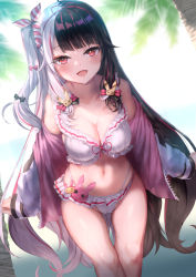 Rule 34 | 1girl, bikini, black hair, blunt bangs, breasts, cameltoe, commentary request, hair ornament, hair ribbon, hairband, highres, long hair, looking at viewer, medium breasts, multicolored hair, navel, nijisanji, open mouth, rabbit hair ornament, red eyes, red hairband, ribbon, side ponytail, smile, solo, split-color hair, striped ribbon, swimsuit, thighs, tomaco, two-tone hair, very long hair, virtual youtuber, white bikini, white hair, yorumi rena, yorumi rena (7th costume)