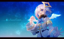 Rule 34 | 1girl, :d, amane kanata, armband, blue bow, blue hair, bob cut, bow, colored inner hair, commentary request, eyes visible through hair, feathered wings, grey jacket, hair ornament, hair over one eye, halo, hand up, highres, hololive, hot kakigoori, jacket, letterboxed, long sleeves, mini wings, multicolored hair, night, night sky, ok sign, open mouth, purple eyes, safety pin, silver hair, single hair intake, sky, sleeves past wrists, smile, solo, star (sky), star halo, starry sky, translation request, two-tone hair, virtual youtuber, white wings, wings