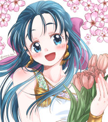 Rule 34 | 1girl, :d, blue eyes, blue hair, blush, bow, bracelet, commentary request, dragon quest, dragon quest v, earrings, flora (dq5), floral background, flower, hair bow, half updo, jewelry, long hair, looking at viewer, neneco dqx, open mouth, sleeveless, smile, solo, twitter username