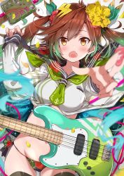 Rule 34 | 1girl, :o, bass guitar, black panties, black sailor collar, black thighhighs, blurry, blush, breasts, brown eyes, brown hair, commentary request, cowboy shot, depth of field, electric guitar, fang, floral print, flower, foreshortening, fuku kitsune (fuku fox), gradient hair, green hair, green necktie, groin, guitar, hair flower, hair ornament, hand up, highres, holding, instrument, long hair, long sleeves, looking at viewer, lying, medium breasts, multicolored hair, necktie, no pants, on back, open mouth, original, panties, reaching, reaching towards viewer, sailor collar, school uniform, serafuku, shirt, short necktie, skindentation, solo, stomach, thighhighs, twintails, underwear, white shirt, yellow flower