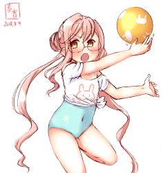 Rule 34 | 1girl, aqua one-piece swimsuit, artist logo, ball, beachball, blush, dated, double bun, glasses, hair between eyes, hair bun, highres, kanon (kurogane knights), kantai collection, looking at viewer, makigumo (kancolle), one-piece swimsuit, open mouth, pink hair, shirt, short sleeves, signature, simple background, single hair bun, solo, swimsuit, swimsuit under clothes, tied shirt, twintails, white background, white shirt, yellow eyes