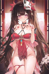 Rule 34 | 1girl, :q, absurdres, adapted costume, alternate breast size, armpit crease, bare shoulders, bell, blunt bangs, bow, breasts, brown hair, circle facial mark, cleavage, closed mouth, commentary, detached sleeves, dress, flower tattoo, fox mask, hair bow, highres, honkai: star rail, honkai (series), large breasts, looking at viewer, machi (7769), mask, mask on head, multiple hair bows, nail polish, neck bell, pink eyes, red bow, red dress, red nails, red sleeves, shoulder tattoo, sidelocks, simple background, smile, smug, solo, sparkle (honkai: star rail), sweat, tattoo, tongue, tongue out, twintails, twitter username, upper body, white background