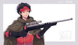 Rule 34 | 1boy, baccalaoooo, black gloves, black hair, blue eyes, brown cloak, cloak, drop shadow, gloves, gun, hands up, hat, highres, holding, holding gun, holding weapon, jacket, long sleeves, looking away, male focus, oki kouji, open mouth, outside border, red hat, red jacket, rifle, short hair, sideways glance, smile, sniper rifle, solo, upper body, visor cap, weapon, white background, world trigger