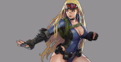 Rule 34 | 1girl, alternate costume, alternate hairstyle, artist request, belt, blonde hair, bodysuit, boots, breasts, cammy white, camouflage paint, capcom, cleavage, curvy, diving suit, facepaint, female focus, fingerless gloves, gloves, goggles, goggles on head, goom goom, green eyes, grey background, highleg, highleg leotard, highres, knee boots, knee pads, large breasts, leotard, long hair, shiny skin, solo, street fighter, street fighter v, thighs, upper body, utility belt, wetsuit, zipper