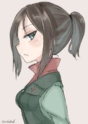 Rule 34 | 1girl, alternate hairstyle, black hair, black vest, blue eyes, closed mouth, commentary, emblem, from side, frown, girls und panzer, glaring, green jacket, grey background, hair tie, hair up, half-closed eyes, highres, jacket, lips, long hair, long sleeves, looking at viewer, medium hair, military, military uniform, nonna (girls und panzer), one-hour drawing challenge, portrait, pravda military uniform, red shirt, seo kichi, shirt, simple background, solo, swept bangs, turtleneck, twitter username, uniform, vest, zipper