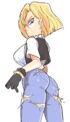 Rule 34 | 1girl, android 18, ass, black gloves, blonde hair, blue eyes, bracelet, breasts, cowboy shot, denim, dragon ball, dragonball z, earrings, gloves, high-waist pants, inkerton-kun, jeans, jewelry, large breasts, looking back, pants, short hair, solo, torn clothes, torn jeans, torn pants, tsurime, vest, white background