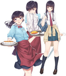 Rule 34 | 1girl, apron, bag, black hair, blouse, blue shirt, bow, bowtie, cafe maid (love live!), closed mouth, clothes around waist, commentary request, cowboy shot, fangxiang cuoluan, food, full body, highres, holding, kneehighs, koi wa ameagari no you ni, loafers, long hair, looking at viewer, multiple views, name tag, necktie, omelet, omurice, open mouth, pie, ponytail, purple eyes, school bag, school uniform, shirt, shoes, socks, standing, sweater, sweater around waist, tachibana akira, thighs, umbrella, uniform, white shirt
