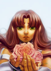 Rule 34 | 10s, 1girl, 2012, alien, dated, dc comics, female focus, flower, green eyes, long hair, looking at viewer, parted lips, red hair, solo, starfire, teen titans, vambraces