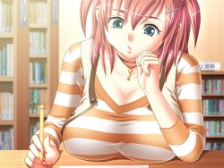 Rule 34 | 1girl, :o, aqua eyes, blue eyes, breast rest, breasts, brown hair, cafe junkie, cleavage, game cg, huge breasts, jewelry, key, mechanical pencil, minami kurumi, necklace, pencil, pink hair, short twintails, solo, striped, tatsunami youtoku, twintails