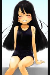 Rule 34 | 1girl, bad id, bad pixiv id, black hair, black one-piece swimsuit, blush, child, closed eyes, female focus, flat chest, grin, long hair, one-piece swimsuit, original, pillarboxed, school swimsuit, sitting, smile, solo, swimsuit, toichi