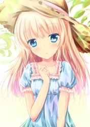 Rule 34 | 1girl, blonde hair, blue eyes, blue shirt, blush, breasts, collarbone, commentary request, hair between eyes, hand on own chest, hand up, hat, head tilt, long hair, looking at viewer, original, parted lips, puffy short sleeves, puffy sleeves, shihou haru, shirt, short sleeves, small breasts, solo, straw hat, upper body