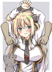 Rule 34 | 1girl, @ @, arms up, bandages, blonde hair, blush, breasts, clothes lift, collared shirt, crying, green eyes, group sex, hair between eyes, hair bun, hair ornament, highres, large breasts, long hair, multiple boys, necktie, open mouth, own hands together, raion (inoueraion), shirt, shirt lift, sidelocks, sky striker ace - raye, sweat, yu-gi-oh!