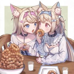 Rule 34 | 2girls, animal ear fluff, animal ears, belt collar, black collar, blonde hair, blue eyes, blue hair, blue nails, blush, collar, dog ears, dog girl, doughnut, dress, food, fuwawa abyssgard, fuwawa abyssgard (1st costume), hair ornament, hairpin, holding doughnut, hololive, hololive english, looking at another, mococo abyssgard, mococo abyssgard (1st costume), multicolored hair, multiple girls, nail polish, open mouth, pink eyes, pink hair, pink nails, pon de ring, shirt, siblings, sidelocks, sisters, spiked collar, spikes, streaked hair, twins, two side up, virtual youtuber, white dress, white shirt, x hair ornament, yuri yone